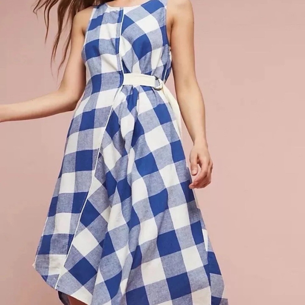 Anthropologie Maeve Belted Gingham Blue White Asymmetrical Dress Cottagecore SP
